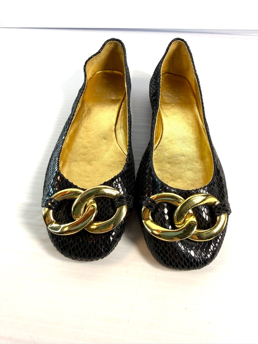 Black Faux-Snake Ballet Flats with Gold Chain Accent